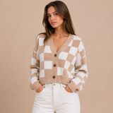 Leyre – cárdigan cropped de cuadros bicolor con aire retro relajado